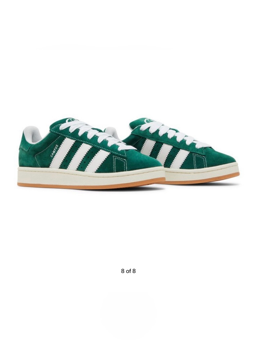 Adidas Campus 00s sneakers in a dark green suede with white stripes, gum sole.